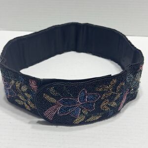 VTG 80s 70s Black Sz S XS Beaded Waist Belt  Retro Goth Grunge Floral 3” Regale